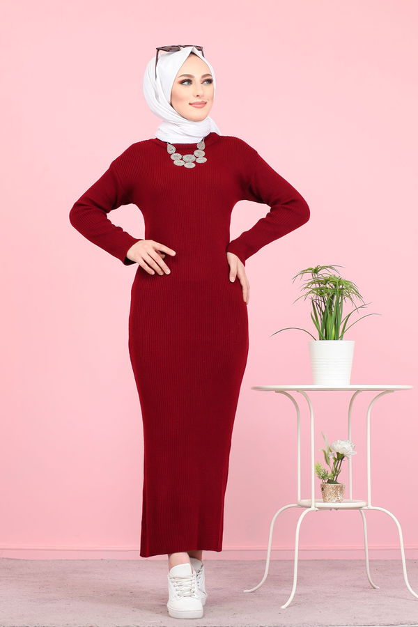 Bogazlı Triko Elbise Siyah  Bordo - 8142