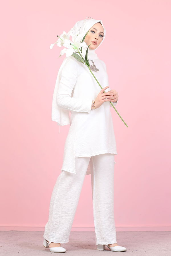 3030 TUNIK PANTOLON ŞAL Beyaz - 3030 BEYAZ