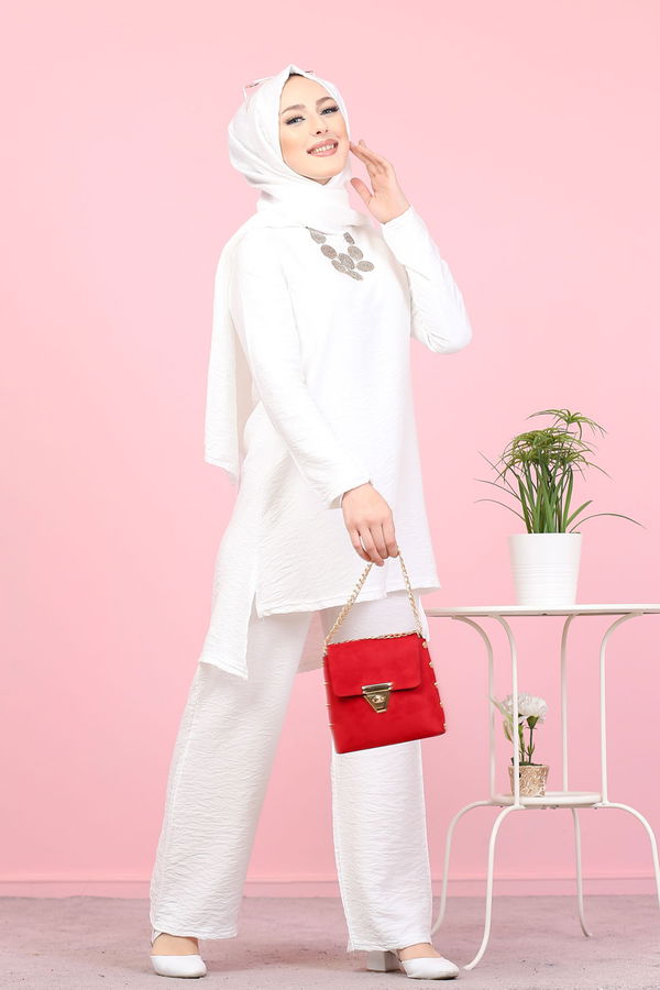 3030 TUNIK PANTOLON ŞAL Beyaz - 3030 BEYAZ
