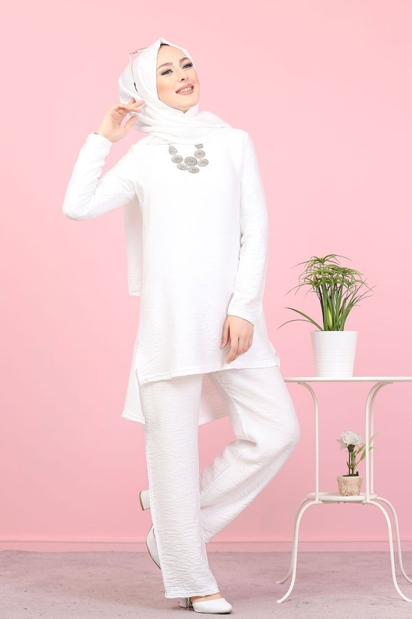 3030 TUNIK PANTOLON ŞAL Beyaz - 3030 BEYAZ