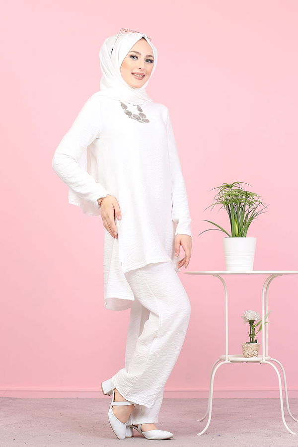 3030 TUNIK PANTOLON ŞAL Beyaz - 3030 BEYAZ