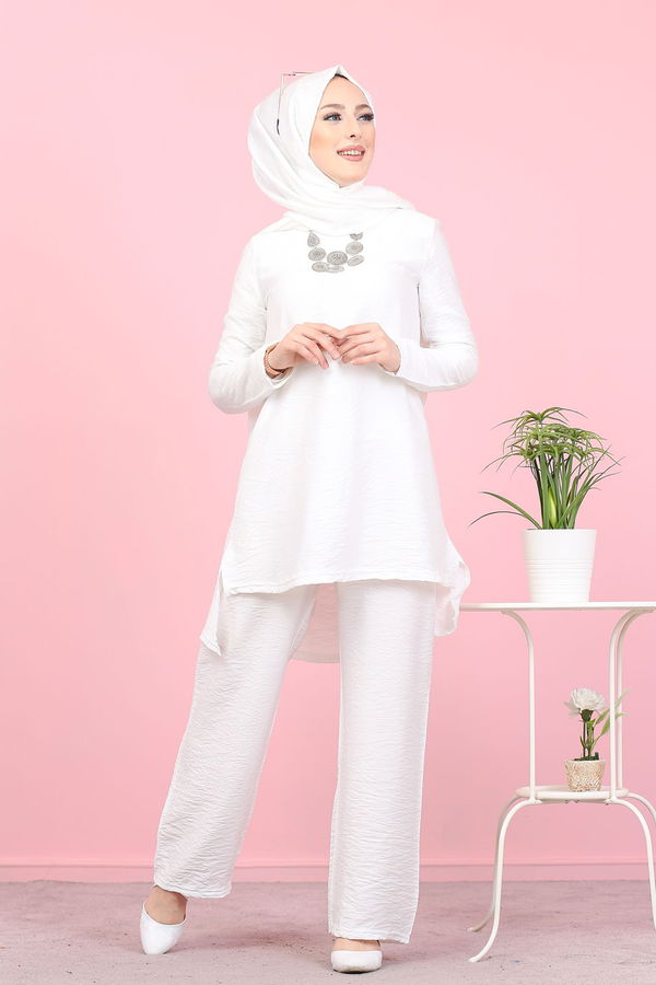 3030 TUNIK PANTOLON ŞAL Beyaz - 3030 BEYAZ