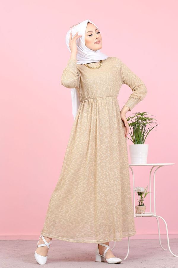 8390 SİMLİ ELBİSE Vizon - 8390