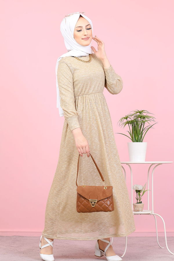 8390 SİMLİ ELBİSE Vizon - 8390