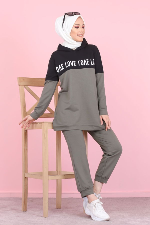8397 LOVE BASKILI TUNİK PANTOLON Haki - 8397