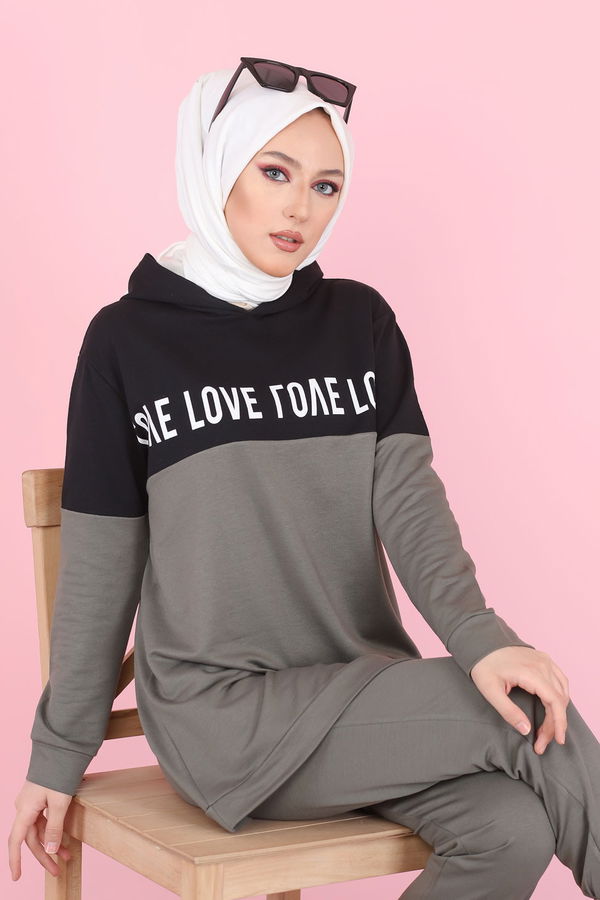 8397 LOVE BASKILI TUNİK PANTOLON Haki - 8397