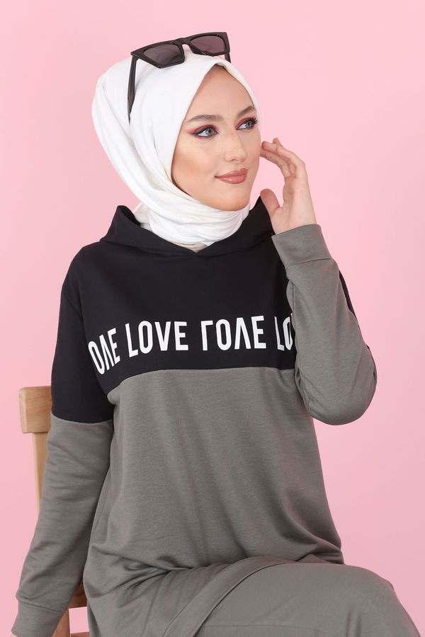 8397 LOVE BASKILI TUNİK PANTOLON Haki - 8397