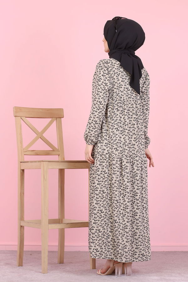 3099 DESENLI ELBISE Bej - 3099