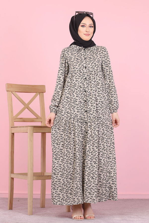 3099 DESENLI ELBISE Bej - 3099
