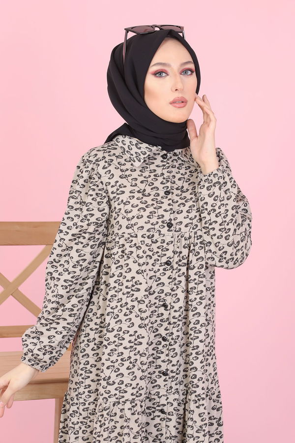 3099 DESENLI ELBISE Bej - 3099