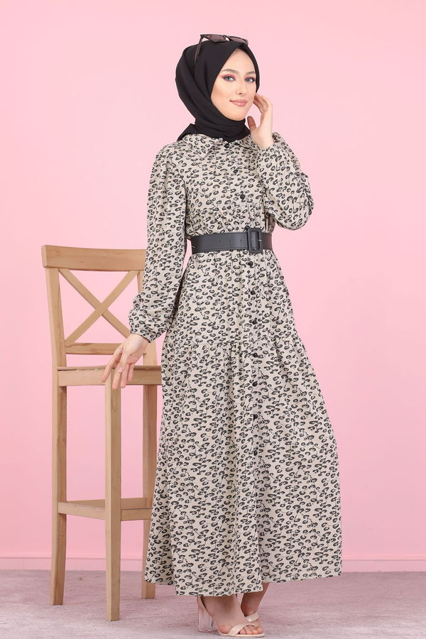 3099 DESENLI ELBISE Bej - 3099