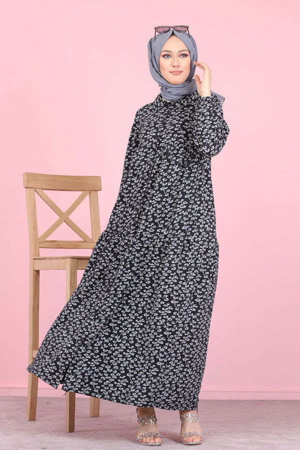 3099 DESENLI ELBISE Siyah - 3099