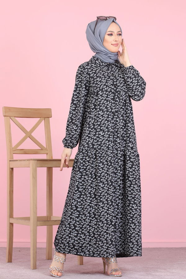 3099 DESENLI ELBISE Siyah - 3099