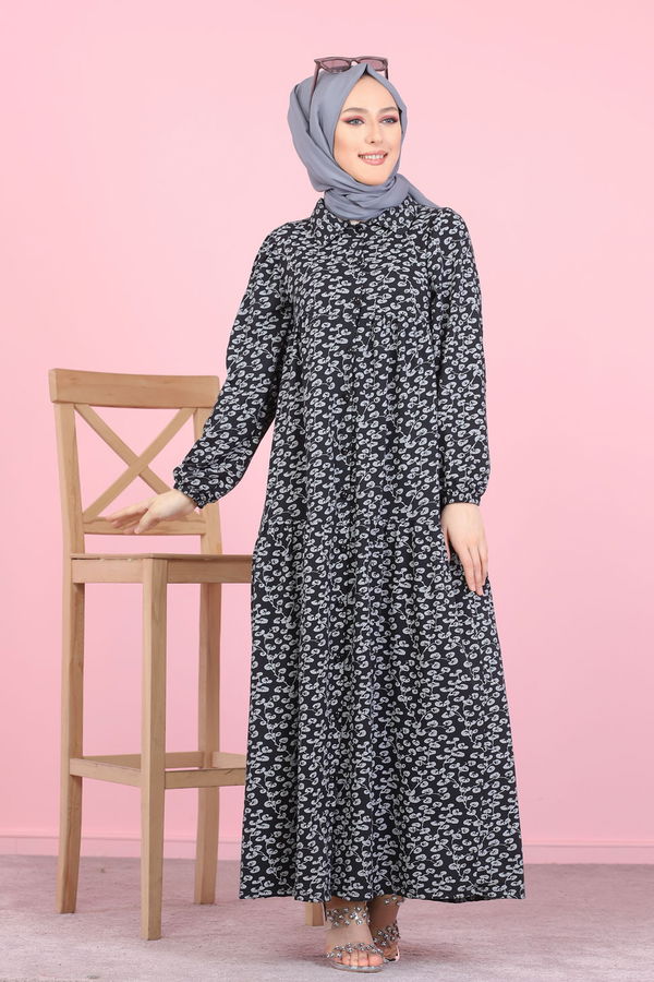 3099 DESENLI ELBISE Siyah - 3099