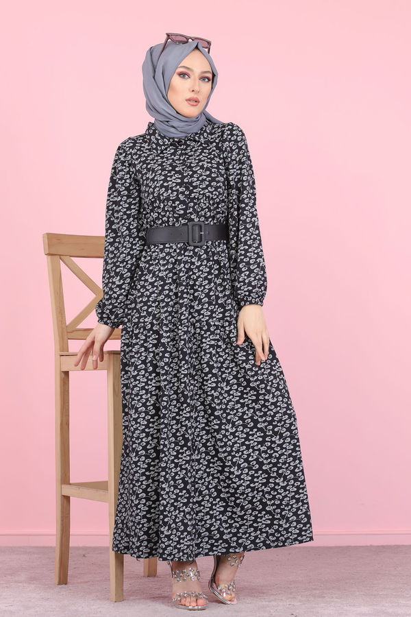 3099 DESENLI ELBISE Siyah - 3099