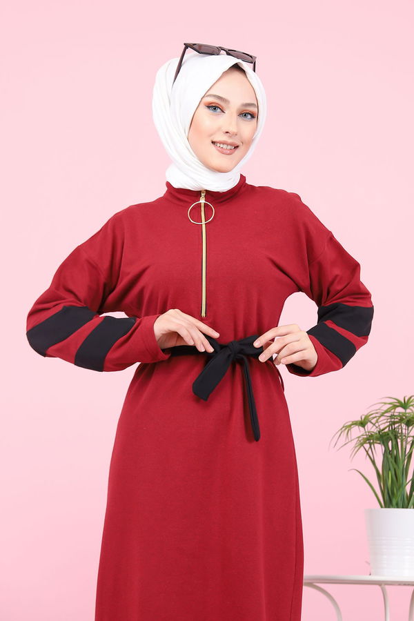 8375 KUŞAKLI ELBİSE Bordo - 8375 BORDO