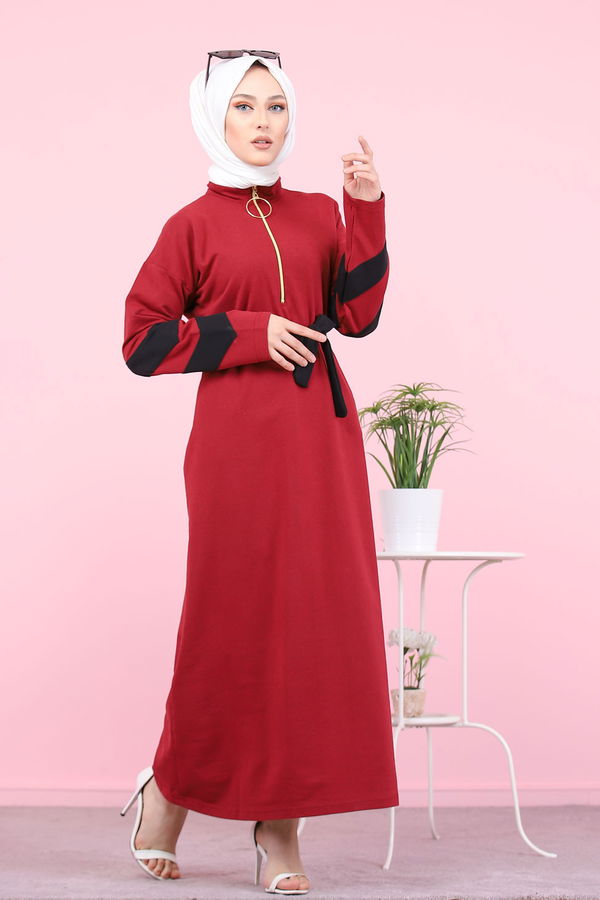 8375 KUŞAKLI ELBİSE Bordo - 8375 BORDO