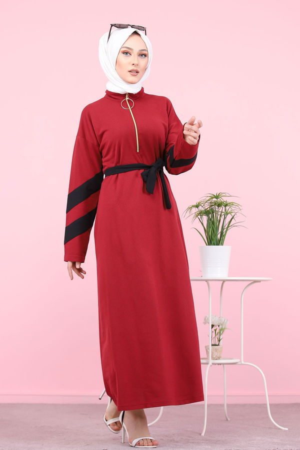 8375 KUŞAKLI ELBİSE Bordo - 8375 BORDO