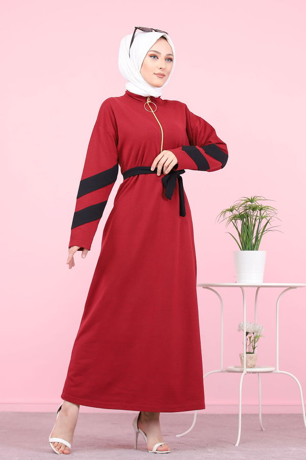8375 KUŞAKLI ELBİSE Bordo - 8375 BORDO
