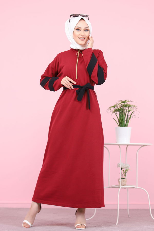 8375 KUŞAKLI ELBİSE Bordo - 8375 BORDO