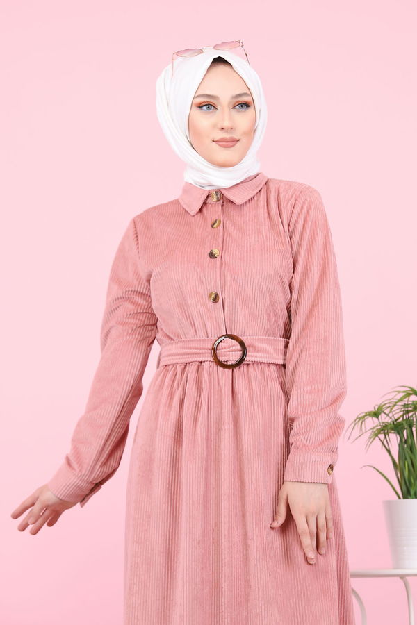 Kadife Elbise Kemer Siyah  Pembe - 1319
