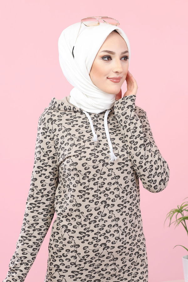 8513 CICEK DESENLI ELBISE Bej - 8513 BEJ