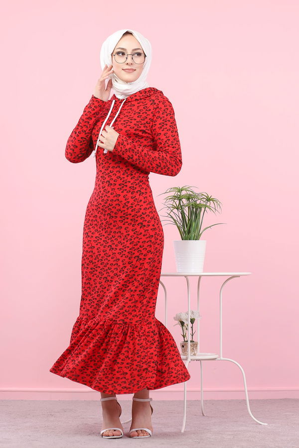 8513 CICEK DESENLI ELBISE Kırmızı - 8513
