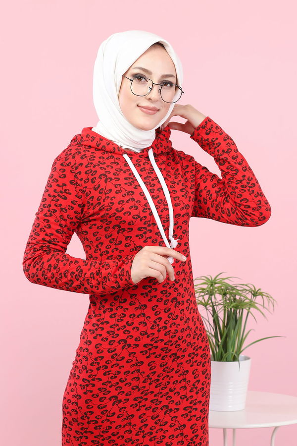 8513 CICEK DESENLI ELBISE Kırmızı - 8513