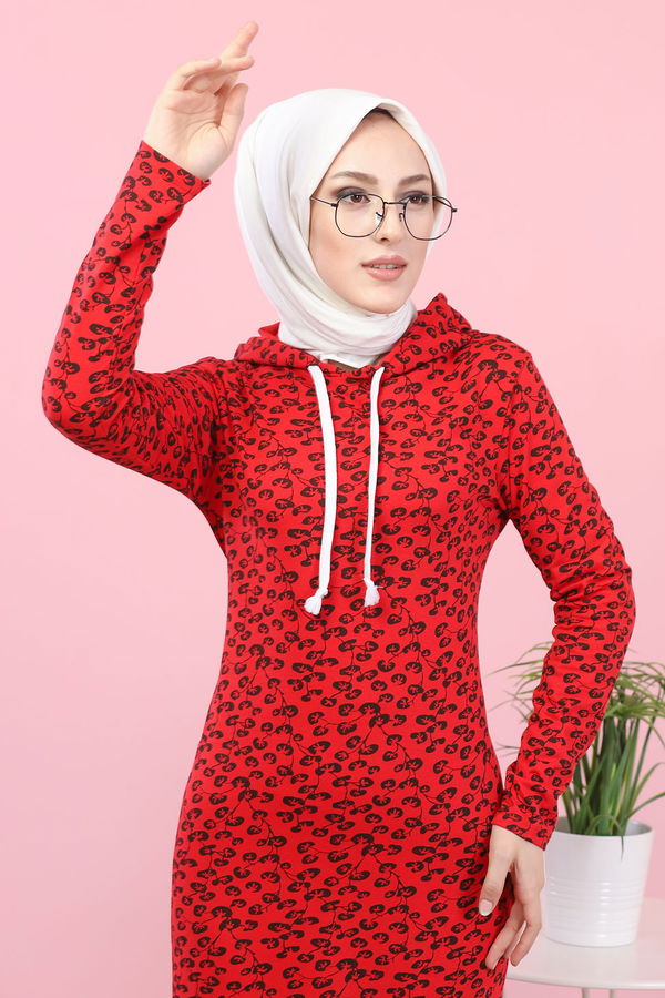 8513 CICEK DESENLI ELBISE Kırmızı - 8513