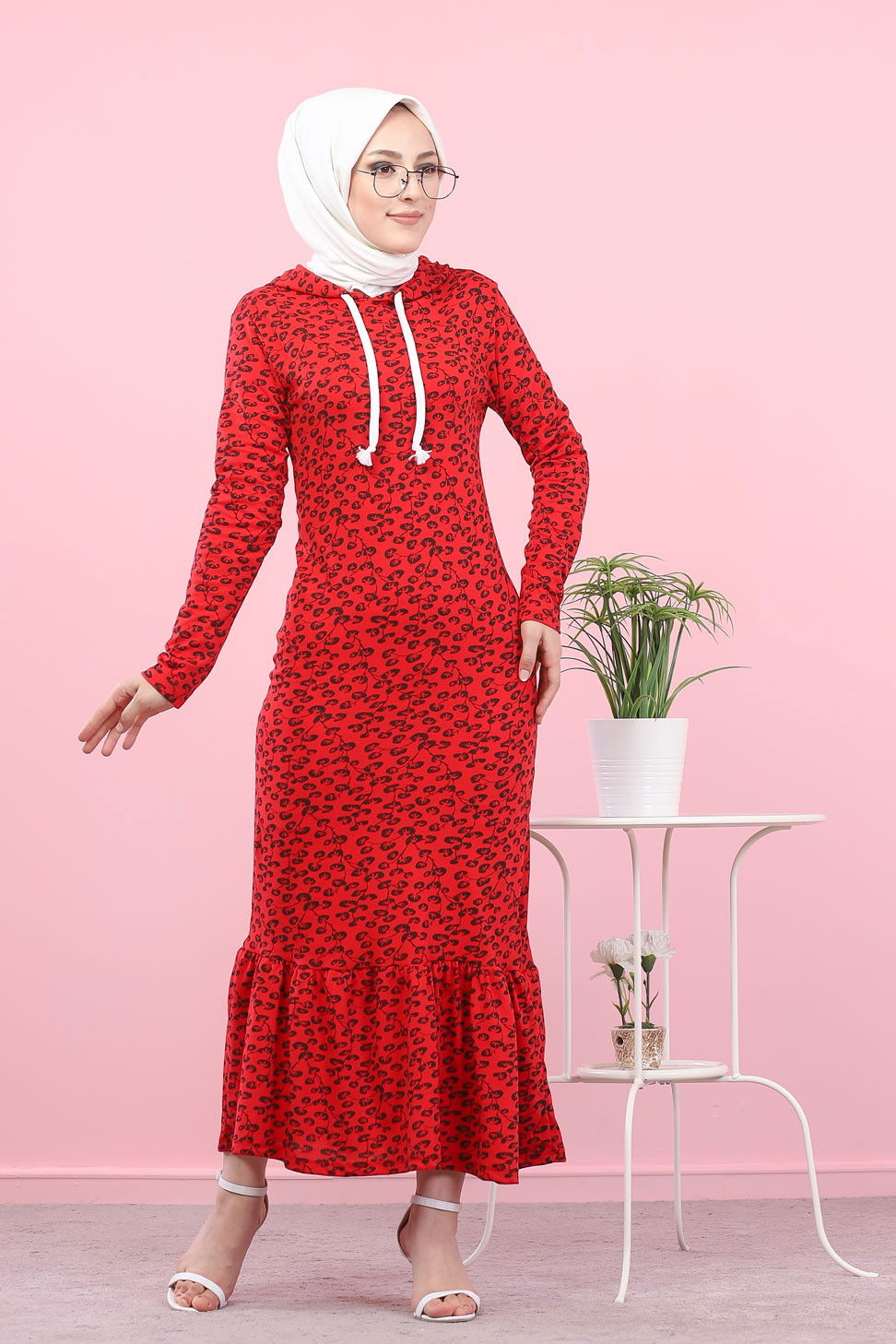 8513 CICEK DESENLI ELBISE Kırmızı - 8513