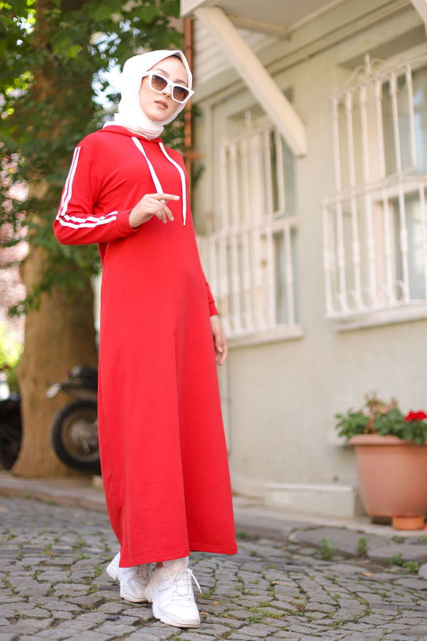 Şeritli Elbise Kırmızı - 3227 Kırmızı