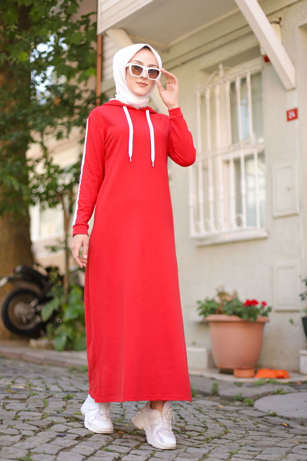 Şeritli Elbise Kırmızı - 3227 Kırmızı