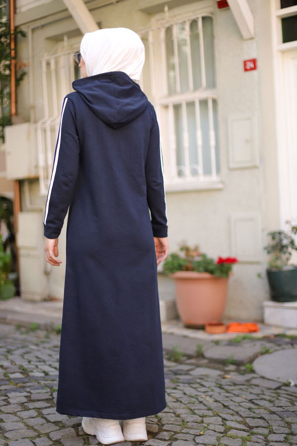 Şeritli Elbise Lacivert - 3227