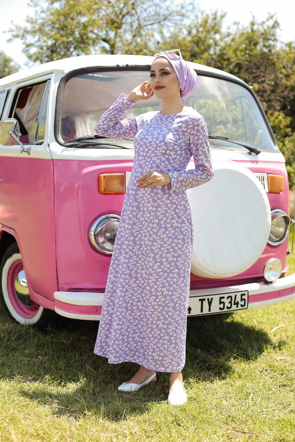 8355 DESENLİ ELBİSE Lila - 8355