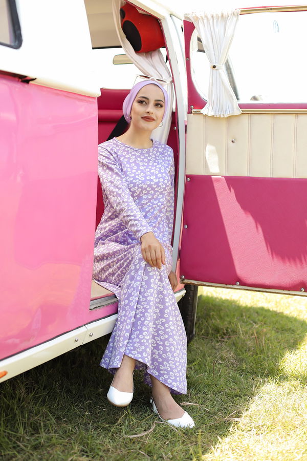 8355 DESENLİ ELBİSE Lila - 8355