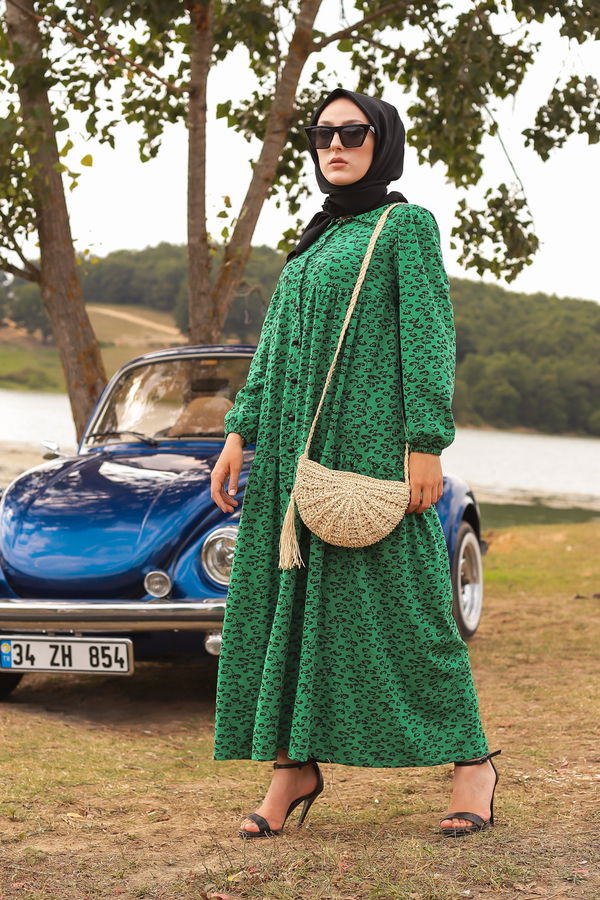 3099 DESENLI ELBISE Yeşil - 3099