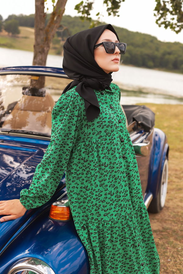 3099 DESENLI ELBISE Yeşil - 3099
