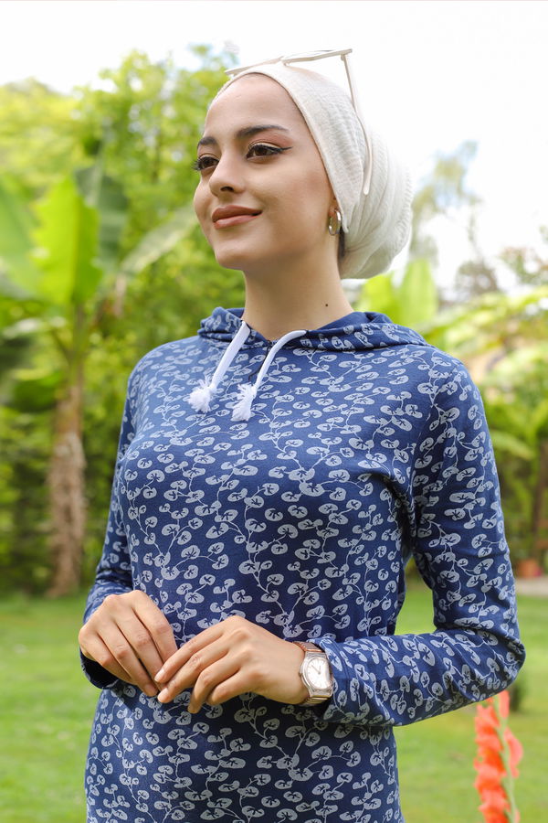 8513 CICEK DESENLI ELBISE Lacivert - 8513