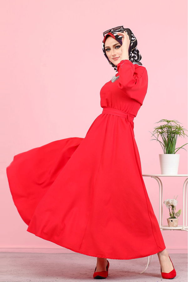 3052 KUŞAKLI ELBİSE Kırmızı - 3052 Kırmızı