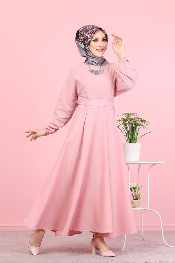 3052 KUŞAKLI ELBİSE Pembe - 3052