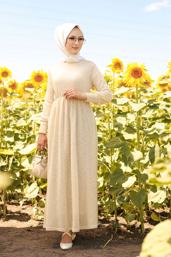 8390 SİMLİ ELBİSE Bej - 8390 BEJ