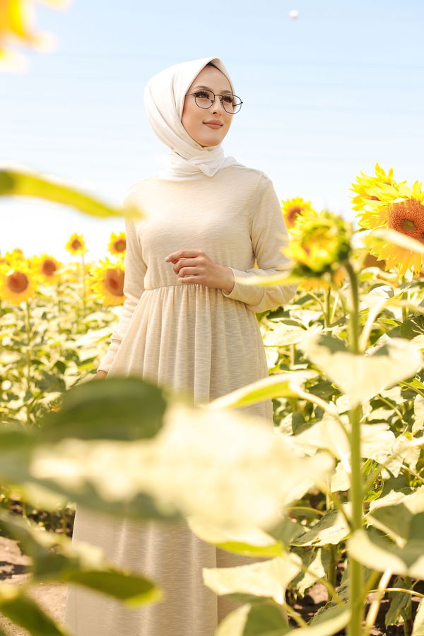 8390 SİMLİ ELBİSE Bej - 8390 BEJ