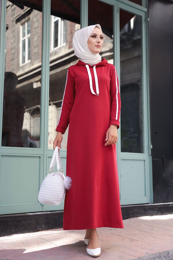 Şeritli Elbise Bordo - 3227