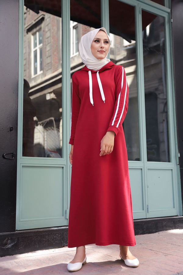 Şeritli Elbise Bordo - 3227