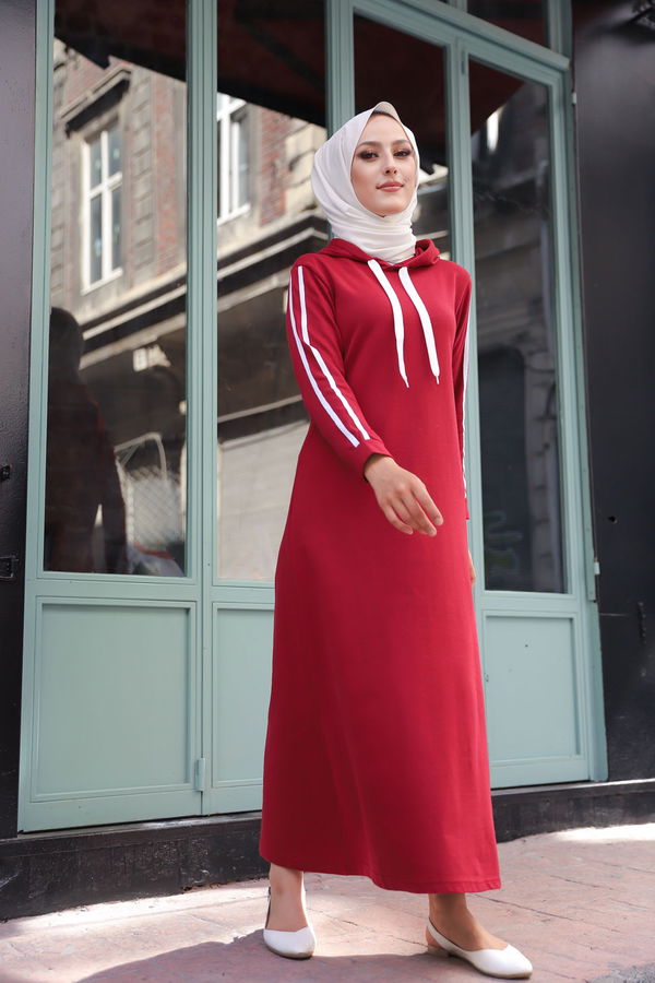 Şeritli Elbise Bordo - 3227