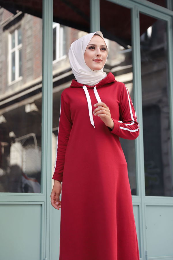 Şeritli Elbise Bordo - 3227