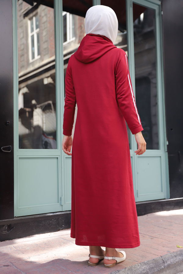 Şeritli Elbise Bordo - 3227