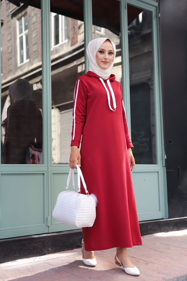 Şeritli Elbise Bordo - 3227