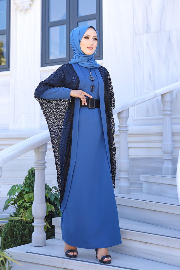 9042 ELBISE CEKET KEMER KOLYE Mavi - 9042