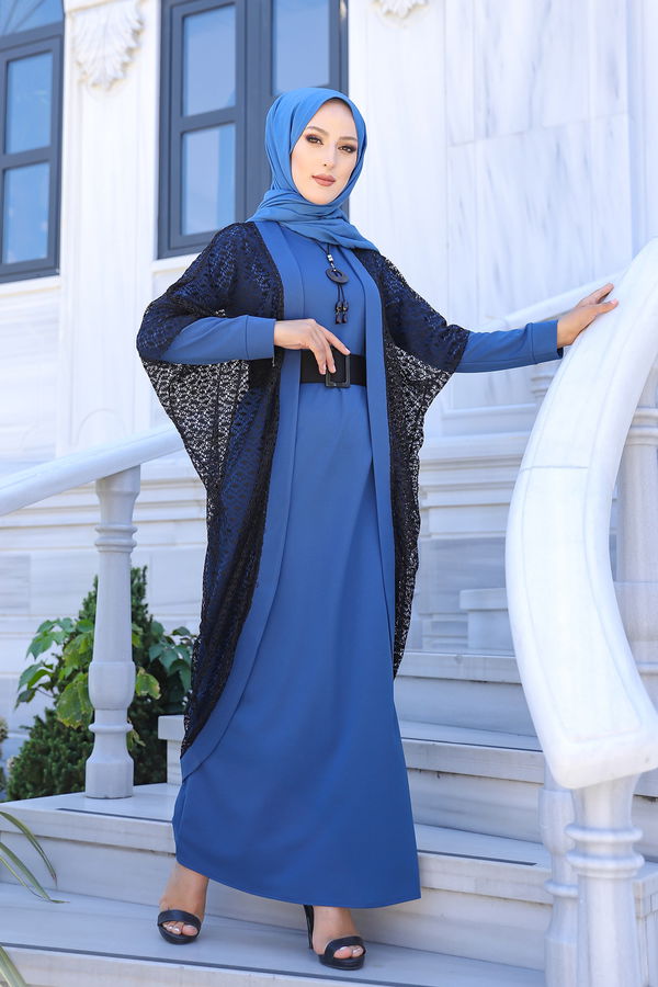 9042 ELBISE CEKET KEMER KOLYE Mavi - 9042